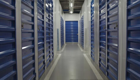 Row of clean, temperature-controlled internal storage units at Locked Self Storage Alloa, located inside the former police station on Mar Place.