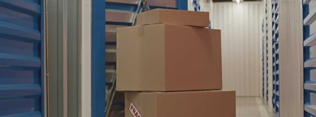 Stacked cardboard boxes with a fragile label outside a Locked Self Storage unit in Alloa, representing safe and secure handling for stored belongings.