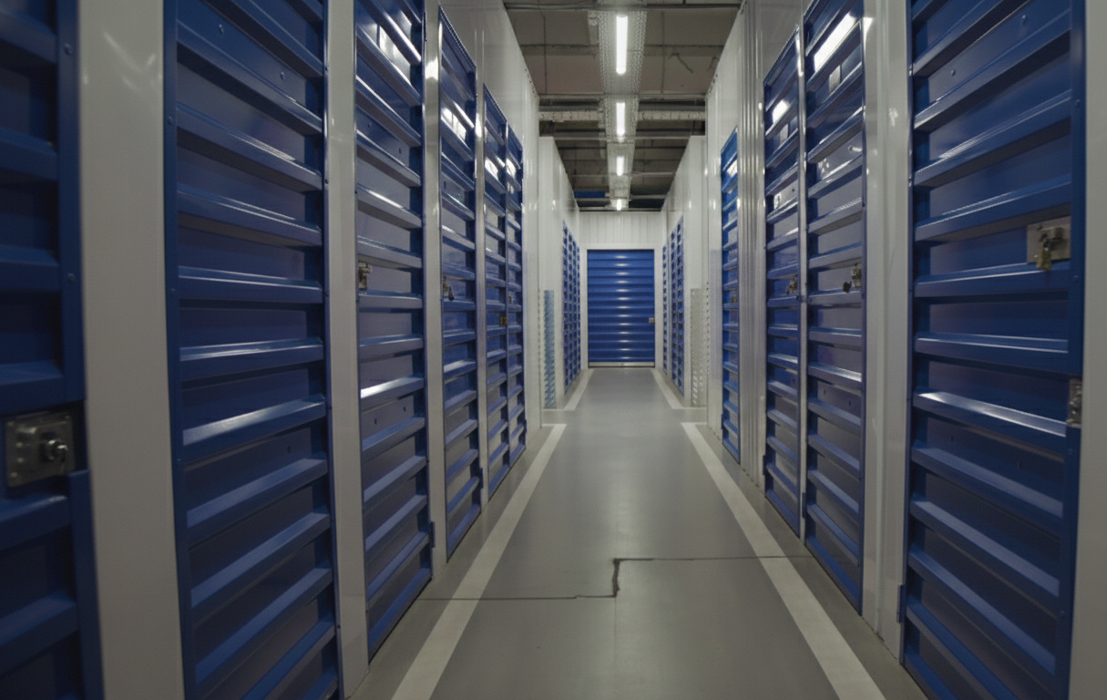 Row of clean, temperature-controlled internal storage units at Locked Self Storage Alloa, located inside the former police station on Mar Place.